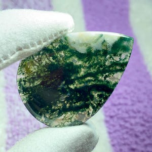 May include: A polished, teardrop-shaped gemstone with a vibrant green and white pattern resembling a forest landscape. The stone is held by a gloved hand, showcasing its natural beauty and unique design.