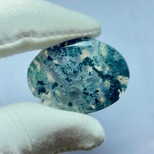 May include: An oval-shaped gemstone with a translucent base, showcasing intricate patterns of green and white inclusions. The stone is held by a gloved hand, highlighting its natural beauty and unique design. The gemstone's surface has a polished finish.