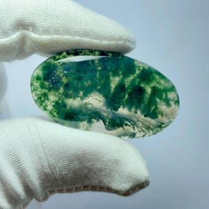 May include: An oval-shaped moss agate gemstone, held by a gloved hand. The stone features a translucent base with vibrant green, moss-like inclusions. The polished surface reflects light, showcasing the natural patterns.