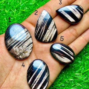 Puede incluir: Cinco cabujones de piedras preciosas negras y plateadas pulidas de varias formas: ovalada, de lágrima y redondeada. Las piedras tienen un patrón de rayas y un acabado brillante, perfectas para la creación de joyas o coleccionar.