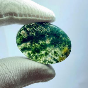 May include: An oval-shaped moss agate gemstone, showcasing a vibrant green and white pattern. The polished stone is held by a gloved hand, highlighting its natural beauty and intricate details. The agate's surface displays a unique, organic design.