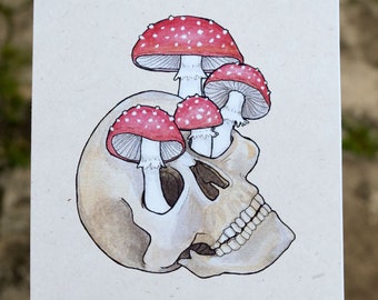 Fly Agaric Mushroom Skull watercolor wall art, FAIRYHEAD - Amanita muscaria Vintage Scientific Illustration, Botanical art, Nature Gift