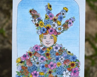 Midsommar watercolor print - May Queen and The Bear wall art