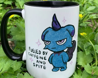 Depresso Mug // Fueled by Coffee and Spite, Palworld game fan art, gamer gift, Depresso espresso coffee mug