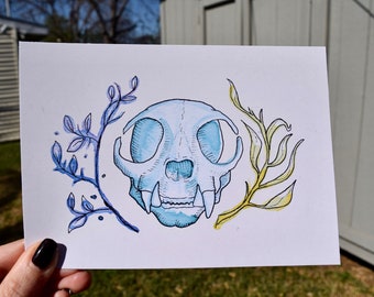 Cat Skull Wall Art, botanical illustration, originally painted with homemade cabbage ink