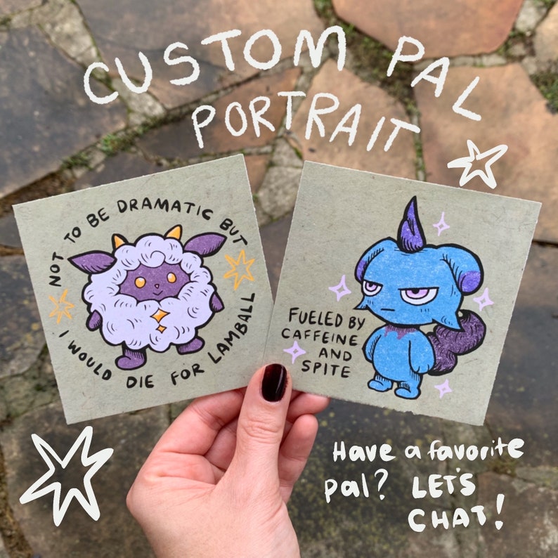 May include: Two custom illustrated portraits of cartoon characters on a brown background. The first portrait is of a purple and white sheep-like creature with the text "NOT TO BE DRAMATIC BUT I WOULD DIE FOR LAMBALL". The second portrait is of a blue and purple creature with a horn and the text "FUELED BY CAFFEINE AND SPITE".