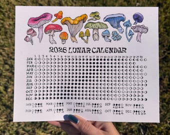 2026 Lunar Moon Calendar Art Print / Mushrooms Wall art  / Vintage Scientific Illustration Style / Cottagecore Decor/ Central time zone