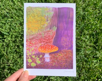 Mushroom Wall Art, Amanita muscaria woodland forest floor, Gouache Illustration, Botanical art, Nature Gift Ideas, Office Decor