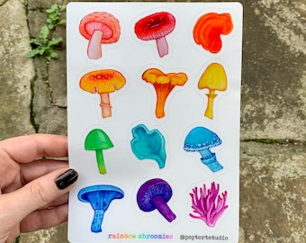 Rainbow Mushroom Sticker Sheet - Clear outlines, Mushroomcore, Botanical art, Nature Gift Ideas