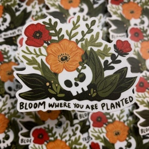 May include: A white sticker with a skull surrounded by orange and red flowers and green leaves. The text "Bloom where you are planted" is written in a black font at the bottom of the sticker.