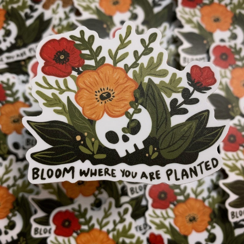 Bloom Where You Are Planted botanical skull Sticker, dark cottagecore, ominous positivity goblincore gift image 2