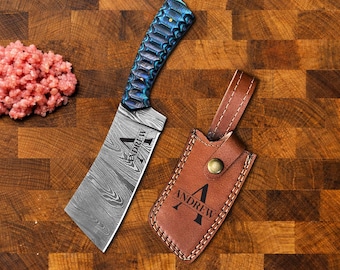 Cadeau personnalisé couteau couperet damas pour lui | Cadeau d'anniversaire et d'anniversaire | Cadeaux garçons d'honneur | avec étui en cuir | Couteau de chef