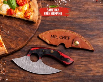 Personalized Damascus Ulu Knife with Leather Sheath, Best Pizza Cutter, Gift for Chef, Custom Engraved Gift for Him, Retirement Gift