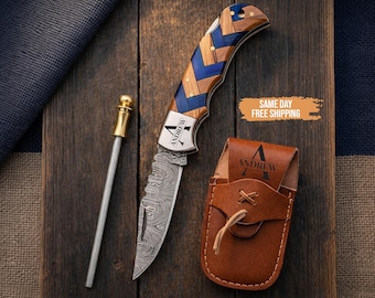 Handmade Damascus Pocket Knife Gift for him, Personalized anniversary gift, Birthday gift, Groomsmen Gift, Fathers Day Gift, Gift for men