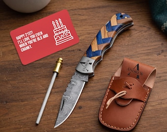 Personalised Damascus Pocket Knife Birthday Gift for Him | Olive & Blue Wood Handle | Engraved Knife with Leather Sheath