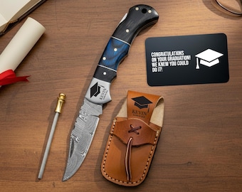 Personalized Graduation Gift for Him, Damascus Pocket Knife, College Graduation Gift, High School Graduation Gift, Gift for Graduate