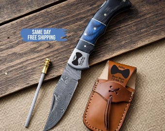Personalized Damascus Pocket Knife for Groomsmen Gift, Custom Engraved Knife with Leather Sheath, Wedding Gift for him, Best Man Gift