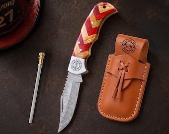 Personalized Firefighter Gift, Engraved Damascus Pocket Knife, Fireman Gift, First Responder Gift, Custom Knife, Fire Chief Gift, Men gifts