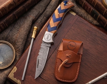 Personalized Retirement Gift Knife, Custom Damascus Pocket Knife, Military Retirement Gift, Police Retirement Gift, Corporate Gift for Him