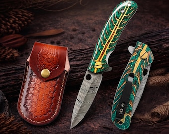 Damascus Pocket Knife pine cone handle, anniversary gift for him, gifts for boyfriend, Birthday Gift for Him, Groomsmen gifts, Wedding gifts