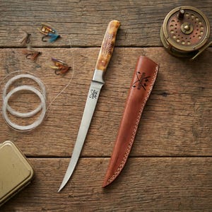 Pu&ograve; includere: Un coltello da filetto argentato con manico color ambra a motivi e un logo sulla lama. Accanto si trovano un fodero in pelle marrone con logo abbinato, un mulinello da pesca in ottone, una scatola di metallo, lenza e esche colorate.