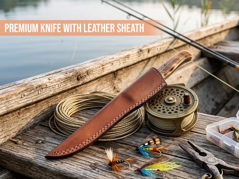 Pu&ograve; includere: Un coltello con manico in legno decorato all'interno di un fodero in pelle marrone, posizionato accanto a un mulinello da pesca, una bobina di filo, mosche da pesca colorate e pinze in metallo su una superficie in legno con il testo PREMIUM KNIFE WITH LEATHER SHEATH.