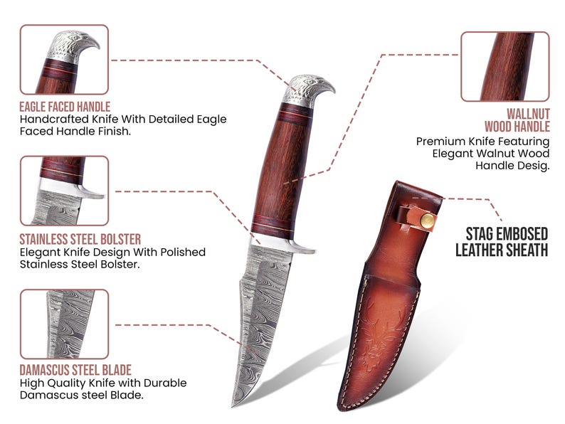 May include: A handcrafted knife with a detailed eagle-faced handle, stainless steel bolster, and a Damascus steel blade. The knife features a walnut wood handle and comes with a stag embossed leather sheath.