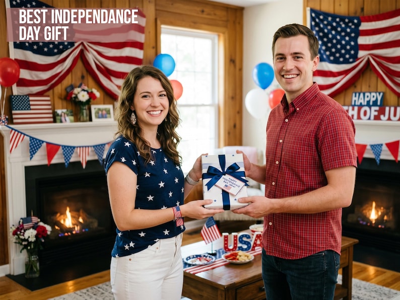 May include: A couple holding a gift box with a blue ribbon, celebrating Independence Day. The box has a tag that says "Happy Independence Day". The background includes American flags, balloons, and a fireplace. Text at the top says "BEST INDEPENDANCE DAY GIFT".