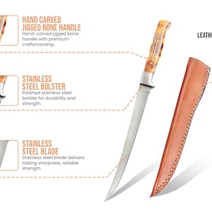 Pu&ograve; includere: Un coltello a lama fissa con manico in osso intagliato a mano, guardia in acciaio inossidabile lucido e lama in acciaio inossidabile. Il coltello &egrave; accompagnato da un fodero in pelle di alta qualit&agrave;. Etichette di testo indicano i componenti.