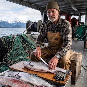 Pu&ograve; includere: Una persona con berretto marrone, camicia a quadri e salopette beige siede sul ponte di una barca, usando un coltello per pulire un grande pesce argentato su un tagliere di legno, vicino a reti da pesca verdi, ghiaccio e altri pesci.