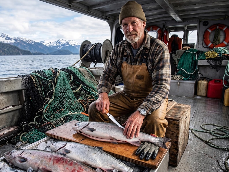 Pu&ograve; includere: Una persona con berretto marrone, camicia a quadri e salopette beige siede sul ponte di una barca, usando un coltello per pulire un grande pesce argentato su un tagliere di legno, vicino a reti da pesca verdi, ghiaccio e altri pesci.
