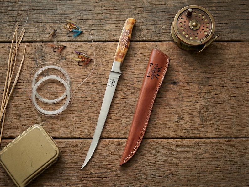 Pu&ograve; includere: Un coltello da filetto argentato con manico color ambra a motivi e un logo sulla lama. Accanto si trovano un fodero in pelle marrone con logo abbinato, un mulinello da pesca in ottone, una scatola di metallo, lenza e esche colorate.