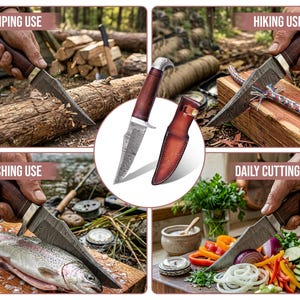 May include: A Damascus steel knife with a wooden handle and a leather sheath. The image shows the knife being used for camping, hiking, fishing, and daily cutting tasks. The knife has a silver bolster and a decorative pommel.