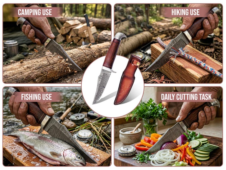 May include: A Damascus steel knife with a wooden handle and a leather sheath. The image shows the knife being used for camping, hiking, fishing, and daily cutting tasks. The knife has a silver bolster and a decorative pommel.