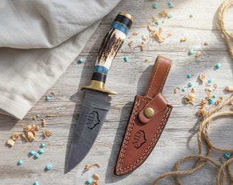 Personalised Damascus Knife with Leather Sheath, Personalised Christmas gifts for him, Birthday Gift for husband