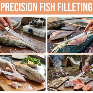 Pu&ograve; includere: Un coltello da sfiletto in acciaio inossidabile con manico testurizzato e decorato, mostrato in quattro scene di preparazione del pesce. Il testo PRECISION FISH FILLETING appare in alto, illustrando l'utensile utilizzato per tagliare il pesce.