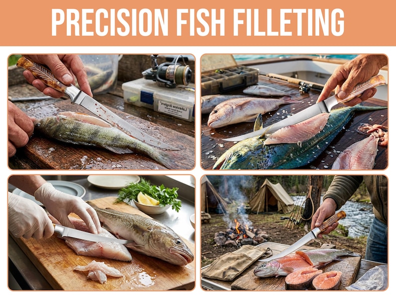 Pu&ograve; includere: Un coltello da sfiletto in acciaio inossidabile con manico testurizzato e decorato, mostrato in quattro scene di preparazione del pesce. Il testo PRECISION FISH FILLETING appare in alto, illustrando l'utensile utilizzato per tagliare il pesce.