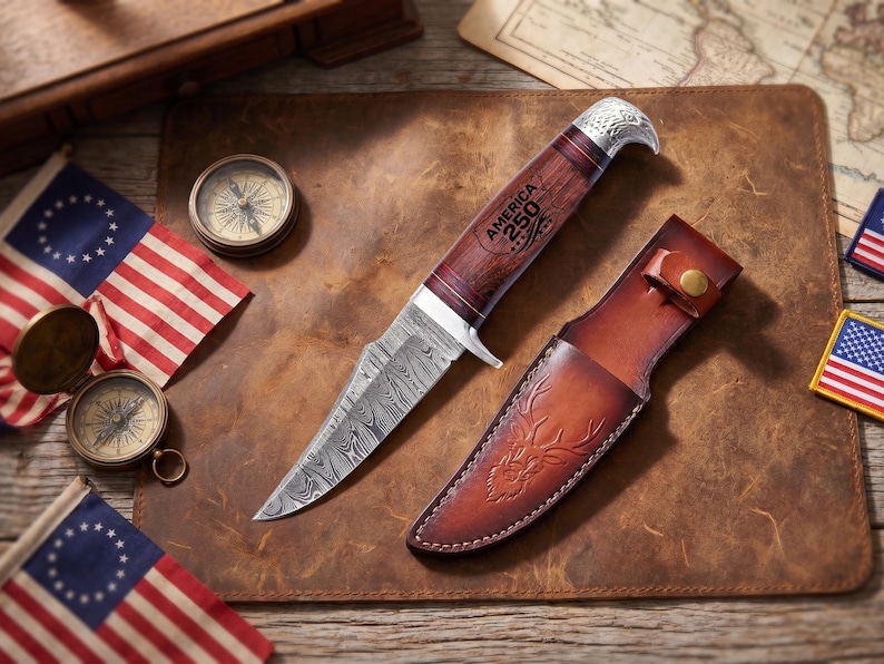 May include: A hunting knife with a patterned blade and wooden handle, engraved with "America 250". It rests on a leather surface next to a matching leather sheath. The image includes vintage compasses and American flags.