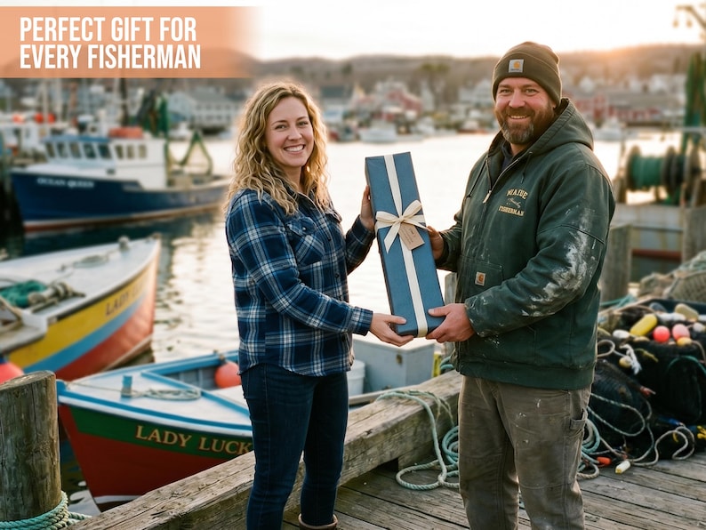 Pu&ograve; includere: Una lunga scatola regalo rettangolare avvolta in carta blu scuro con un nastro color crema e una piccola etichetta. La scatola &egrave; tenuta da due persone su un molo di legno. Il testo "PERFECT GIFT FOR EVERY FISHERMAN" &egrave; visibile nella parte superiore.