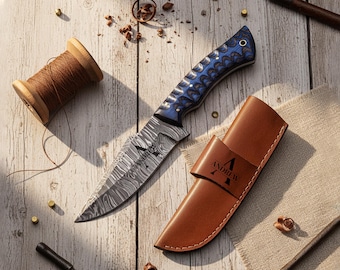 Christmas gift for dad, Personalised Damascus knife with leather sheath, Grooved blue wood handle