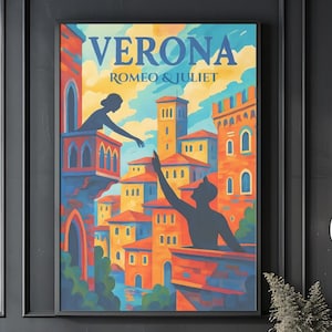 May include: A framed art print featuring a stylized illustration of Verona, Italy, with the text "VERONA ROMEO & JULIET." The artwork depicts figures on balconies and colorful buildings in shades of orange, blue, and yellow.