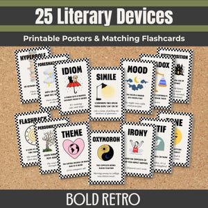 May include: A collection of 25 Literary Devices printable posters and matching flashcards. Each card features a literary device such as Hyperbole, Idiom, Simile, and Irony. The cards have a black and white checkered border and are displayed on a corkboard.