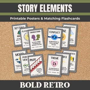 May include: A collection of printable flashcards and posters with the text "STORY ELEMENTS" and "Printable Posters & Matching Flashcards". Each card features a different story element, such as "Setting", "Characters", and "Theme", with a bold retro design.