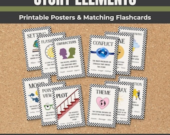 May include: A collection of printable flashcards and posters with the text "STORY ELEMENTS" and "Printable Posters & Matching Flashcards". Each card features a different story element, such as "Setting", "Characters", and "Theme", with a bold retro design.