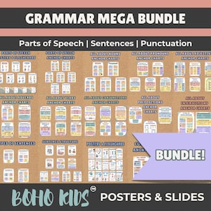 Può includere: Una raccolta di poster e schede didattiche per la grammatica, tra cui parti del discorso, frasi e punteggiatura. Il pacchetto presenta grafici di ancoraggio e poster con il testo "GRAMMAR MEGA BUNDLE" e "BOHO KIDS POSTERS & SLIDES".