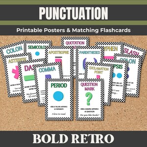 May include: A collection of printable punctuation posters and flashcards with a bold retro design. Each card features a different punctuation mark, such as a colon, comma, and question mark, with examples. The background is a corkboard.