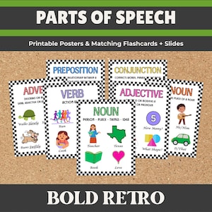 Parts of Speech Posters, Flashcards & Slides Set | Bold Retro Grammar Classroom Decor | Printable ELA Resources for Teachers and Homeschool