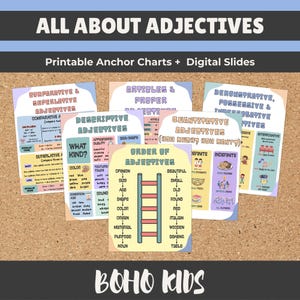 Peut inclure: Ensemble de tableaux d'ancrage imprimables et de diapositives numériques sur les adjectifs. Les tableaux couvrent des sujets tels que les adjectifs comparatifs et superlatifs, les adjectifs descriptifs, les articles, etc. Thème éducatif et coloré.