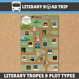 May include: A map-like graphic titled "Literary Road Trip" with illustrations representing literary tropes and plot types. The map includes text such as "Man vs. Self," "Coming of Age," and "The Quest." A bus icon is at the top left.