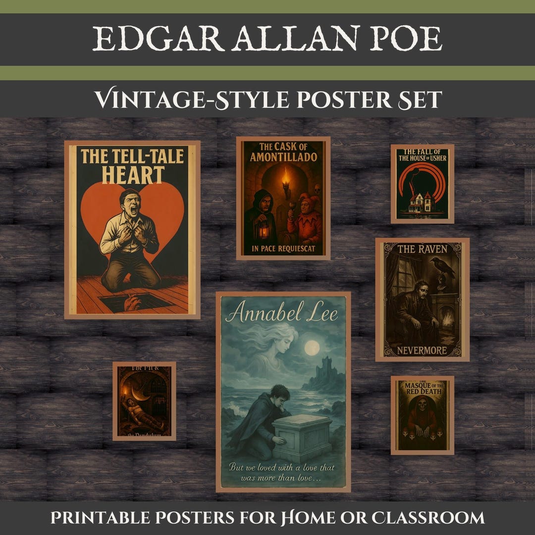 Edgar Allan Poe Wall Art Set | Dark Academia Classroom Bundle | Vintage ...